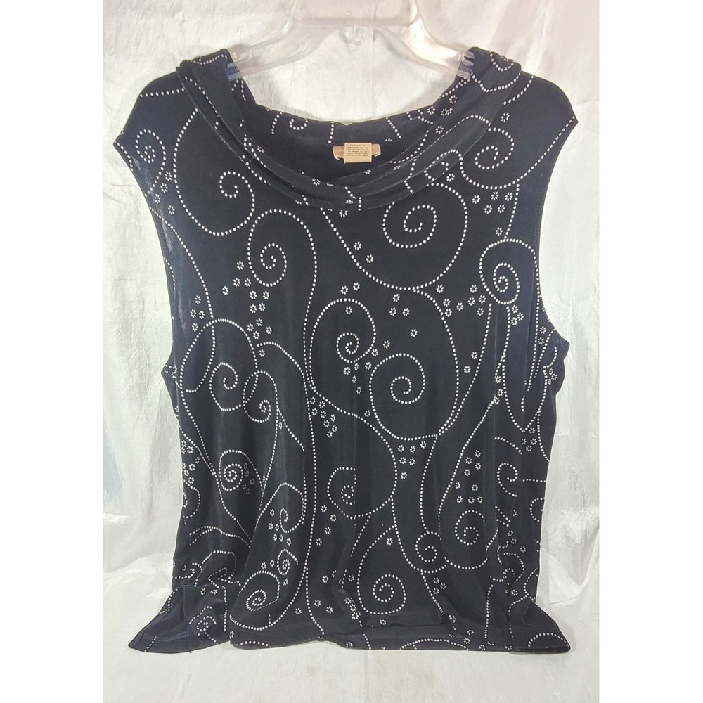 Choices Women's Draped‎ Boatneck Dot Swirl Print Sleeveless Top - Black - 1X